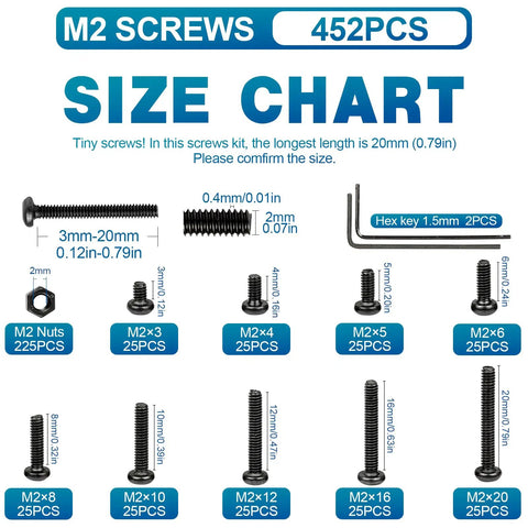 Size chart for The Real Deal M2 Button Head Socket Cap Screw Assortment Kit 452 Pieces Metric Hex Allen Drive 10.9 Grade.