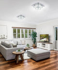 Living room with Dimmable Flush Mount Crystal Ceiling Light With Remote Control, LED K9 Crystal 2 Square Mini Lamp in chrome.