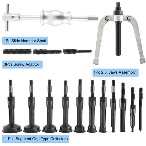 KUNTEC bearing puller kit with slide hammer for bearings; includes 3 screw adapters, 1 2.5 jaw assembly, and 11 grip-type collectors