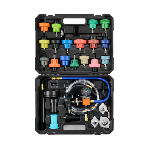 Shop Grade Radiator Coolant Pressure Tester Kit With Vacuum Refill Tool Universal Adapters showing 31pc set in case for leak detection.