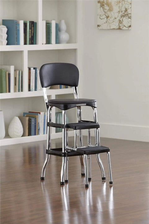 Retro Style Counter Height Chair With Pull Out Step Stool Cushioned Vinyl Seat And Back In Black And Chrome Finish