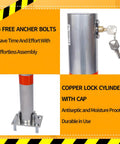 Beefy Foldable Steel Parking Bollard Post With Secure Lock And Bold Warning Stripes For No Sweat Driveway Garage And Street Traffic Control Effortless Setup Barrier In Matte Gray, showing copper lock cylinder and anchor bolts.