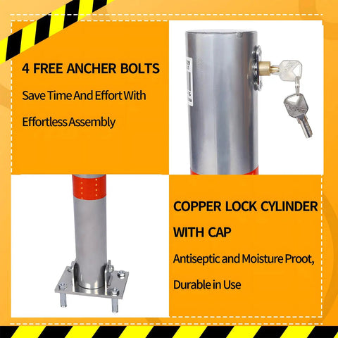 Beefy Foldable Steel Parking Bollard Post With Secure Lock And Bold Warning Stripes For No Sweat Driveway Garage And Street Traffic Control Effortless Setup Barrier In Matte Gray, showing copper lock cylinder and anchor bolts.
