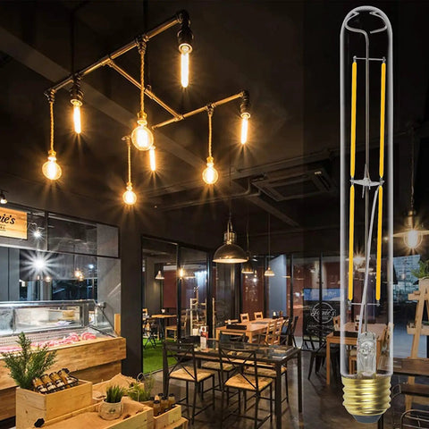 Dimmable T10 Vintage LED Bulbs 2700K Warm White E26 6W 6 To 60 Watt Equivalent 8.9 Inch Clear Glass Tubular Bulb in dining setting