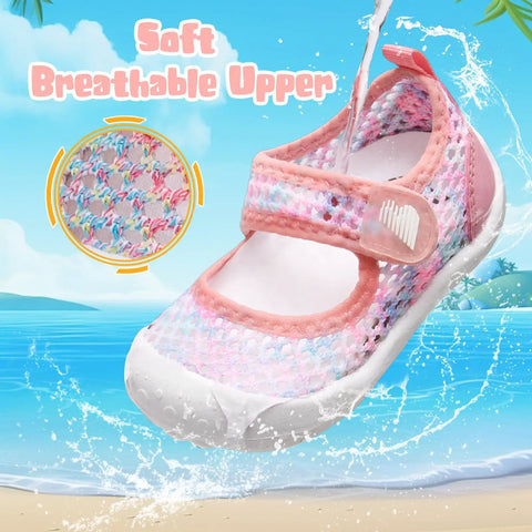Kids Water Shoes Quick Dry Aqua Socks For Toddlers And Baby Boys Girls Breathable Quick Dry Upper With Drainage Holes Non Slip Sole Beach Sandals Pink Size 9 9.5 shown with soft breathable upper at beach background