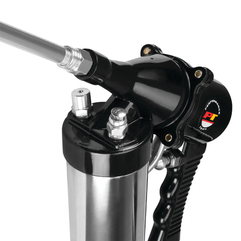 Air Grease Gun For Automotive, Workshop, And Marine Use With 4500 To 6000 PSI At The Tip, showing knurled thick wall barrel close-up