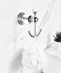 Heavy Duty Polished Chrome Crystal Wall Hook Top Shelf Bathroom Robe Hanger Straight Up Classy Silver Coat Rack Waterproof Design Works Wonders In Any Home Space with white loofa.