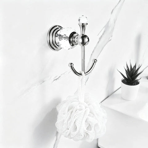 Heavy Duty Polished Chrome Crystal Wall Hook Top Shelf Bathroom Robe Hanger Straight Up Classy Silver Coat Rack Waterproof Design Works Wonders In Any Home Space with white loofa.