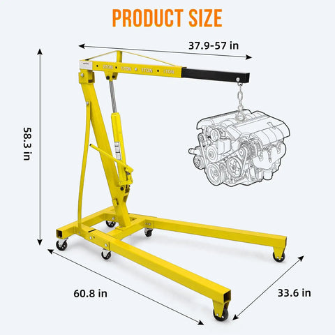 Heavy Duty 4000 Lbs Engine Hoist Featuring Slick Hydraulic Levers And A Fold Flat Boom Frame For Hassle Free Garage Tidying showing dimensions 37.9-57 in by 58.3 in.