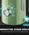 Close-up of Retro Green 57oz Electric Kettle For Quick Tea Brew, thermometer, LED indicator, 1500W Fast Heating, Stainless Steel.