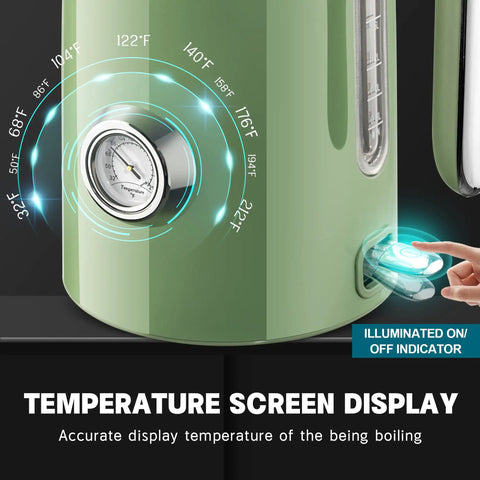 Close-up of Retro Green 57oz Electric Kettle For Quick Tea Brew, thermometer, LED indicator, 1500W Fast Heating, Stainless Steel.