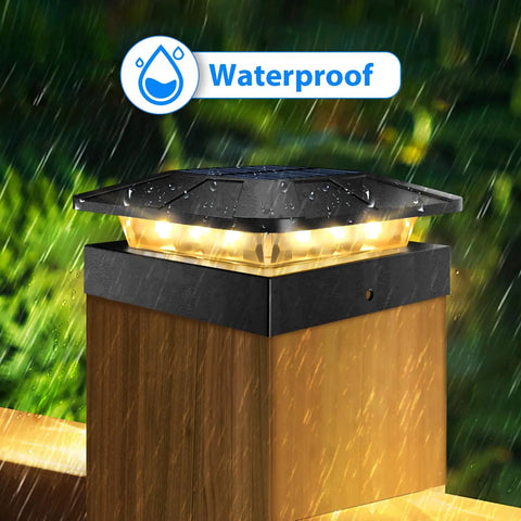 Two Pack Solar Post Cap Lights For Outdoor Fences Deck Waterproof Led Railing Caps With Adjustable Brightness on a wooden post.