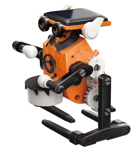 Eight In One Solar Robot Kit For STEM Fans Super Easy To Build Eight Solar Powered Robots In Minutes No Batteries Needed Solar Panel Included Learn Solar Energy And Tech With A Drummer Bot Racer Bot Tank Bot Armadillo Bot Dino Bot And More., solar robot drummer bot built with orange plastic and black gears