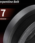 Close-up of 7-groove engine harmonic balancer crankshaft pulley for Nissan Frontier 2005-2019 4.0L V6 and Suzuki Equator 2009-2012 4.0L.