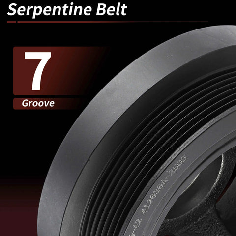 Close-up of 7-groove engine harmonic balancer crankshaft pulley for Nissan Frontier 2005-2019 4.0L V6 and Suzuki Equator 2009-2012 4.0L.