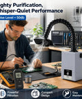 Man using Desktop Solder Fume Extractor With Low Noise 50 DB 160 Cubic Meters Per Hour Strong Suction Pro Grade HEPA Filter