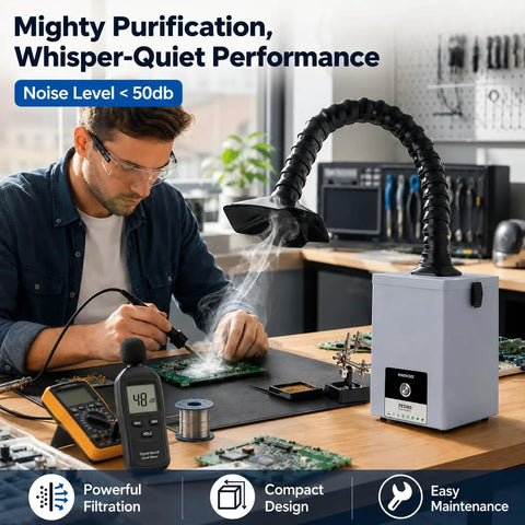 Man using Desktop Solder Fume Extractor With Low Noise 50 DB 160 Cubic Meters Per Hour Strong Suction Pro Grade HEPA Filter