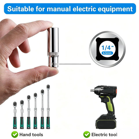 Close-up of 10mm deep socket, 1/4 inch drive suitable for manual and electric tools. Nine Piece 10mm Deep Socket Set With 1/4 Inch Drive 6 Point Design Rust Resistant Fits Standard Ratchets And Tools Built Tough Chrome Finish Keeps A Solid Grip On Tough Fasteners Without Slipping.