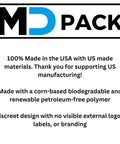 MD Pack logo with text about biodegradable, US-made materials and discreet design without logos or labels.