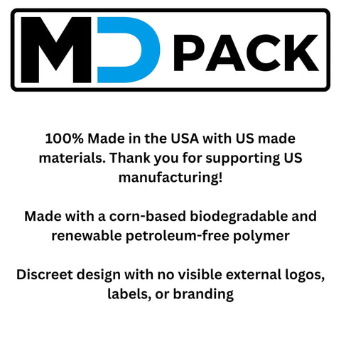 MD Pack logo with text about biodegradable, US-made materials and discreet design without logos or labels.