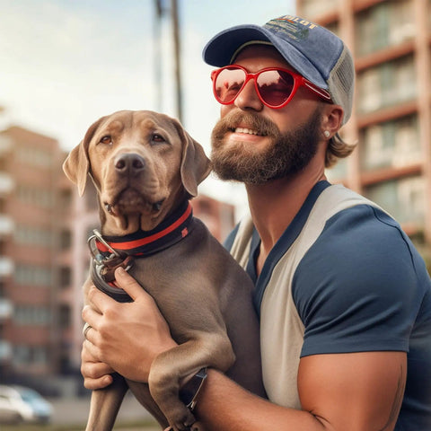 Man wearing Funny RV Pilot Road Trip Camper Baseball Cap For Adventure Junkies Who Love Traveling, holding a dog.