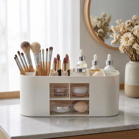 All In One Desk Organizer With Drawers For Office Supplies Storage White Keep Pens Pencils Scissors Sticky Notes Rulers And Glasses Neat And Ready With Customizable Top Compartments And Removable Dividers