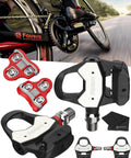 Double Sided Look Keo Compatible Power Meter Pedals With Left And Right Sensors and Red Cleats on Cycling Road