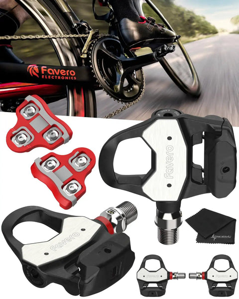 Double Sided Look Keo Compatible Power Meter Pedals With Left And Right Sensors and Red Cleats on Cycling Road
