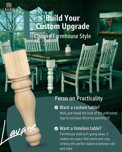 Chunky Farmhouse Wood Table Legs Set Of 4 Three Point Five Inch Square Unfinished Turned Solid Wood Replacement Legs with dining chairs