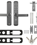All Metal Mechanical Door Lock MX230G With Six Digit Keypad And Key Entry, No Power Needed, shown with components, Gray.