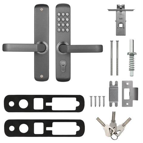 All Metal Mechanical Door Lock MX230G With Six Digit Keypad And Key Entry, No Power Needed, shown with components, Gray.