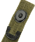 Close-up of US WWII M1 Carbine Web Sling 1 Inch Canvas Rifle Sling OD Green Reproduction Old School Military Style with Lift The Dot Closure.