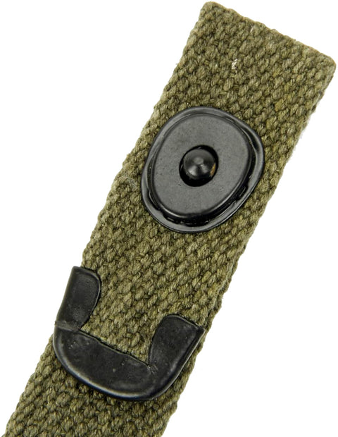 Close-up of US WWII M1 Carbine Web Sling 1 Inch Canvas Rifle Sling OD Green Reproduction Old School Military Style with Lift The Dot Closure.