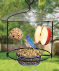 Bluebird Buffet Metal Bird Feeder With Protective Baffle For Outdoor Decor Glass Dish Holds Three Quarters Cup Capacity Easy To Refill And Clean Attracts Multiple Bluebirds, featuring a bluebird, seeds, and apple slice in a garden setting.
