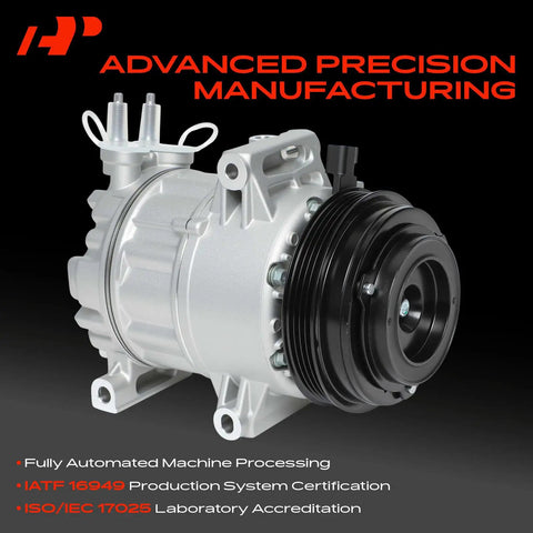 HV17 AC Compressor With Clutch And Prefilled Oil Compatible With Jeep Wrangler 2020 To 2023 V6 3.6L Plus Ram 1500 Classic side view showing integrated clutch and silver finish.