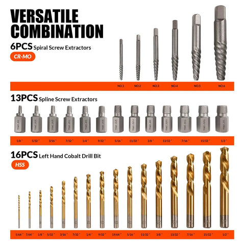 35-Piece Left Hand Drill Bits And Screw Extractor Kit With HSS Steel Reverse Drill Bits For Quick Nut And Bolt Fixes, detailed view.
