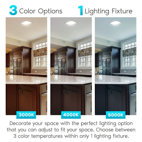 9 Inch Square LED Flush Mount Ceiling Light, Dimmable 18W, with three color temperatures, shown in kitchen setting