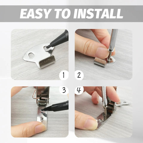 Installation steps for spring loaded toggle latches with screws, 73 mm stainless steel silver small clamp clips, easy to open and secure.