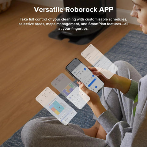 roborock Qrevo Series robot vacuum and mop control app shown on smartphone screens held by a person