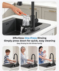Kitchen Faucet with Glass Rinser, Pull Down Sprayer, 3 Water Modes in black with hand rinsing a glass.