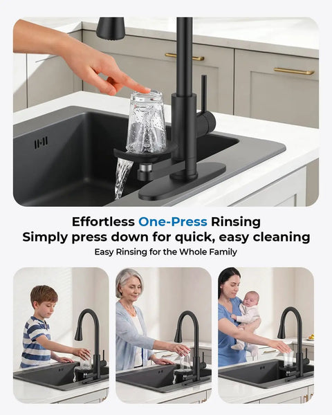 Kitchen Faucet with Glass Rinser, Pull Down Sprayer, 3 Water Modes in black with hand rinsing a glass.