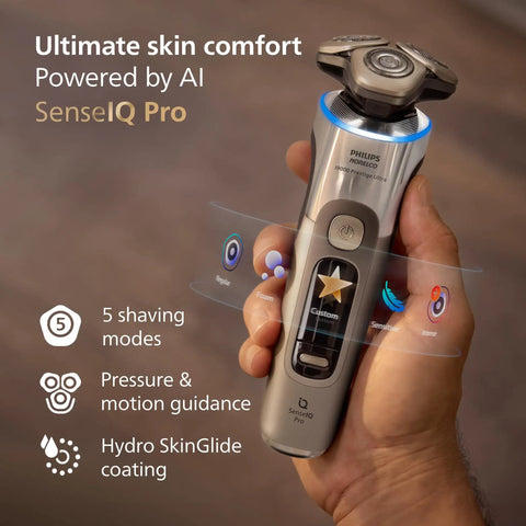 Ultra Prestige Wet And Dry Electric Shaver With SenseIQ Pro Technology Triple Lift And Cut System 360 Rotating NanoTech Precision Blades Beard Styler White Gold Finish For A Top Notch Clean Smooth Shave Anywhere. hand-held electric shaver with 5 shaving modes