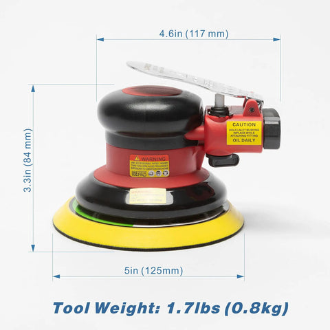5 Inch Air Random Orbital Sander With 12000 RPM Beast Performance, dimensions shown, on white background