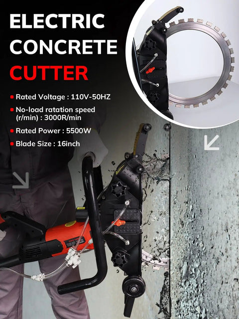 16-Inch Toroidal Electric Concrete Ring Saw 5500W Dry Wet Cutting With Water Pump Max Depth 11.8 Inch cutting through concrete wall.