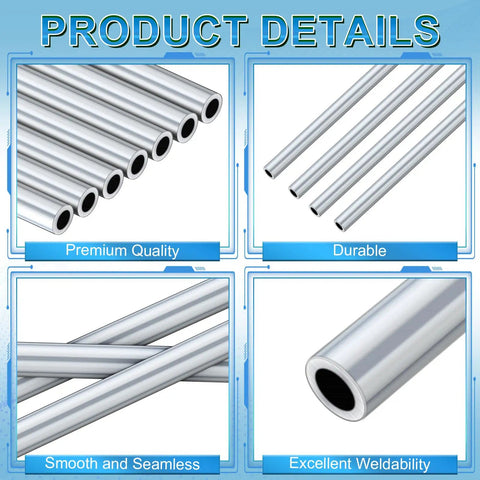 12 Pack Round Aluminum Tubes 36 Inches Long Seamless Aluminum Tubing Metal Straight Pipe For Industrial DIY Projects Home Craft Model 0.24 Inch Outer Diameter, showing various views and qualities like premium quality, durability, smoothness, and weldability.