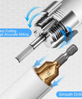 Integrated Internal And External Pipe Threading And Reaming Tool Kit For PVC Pipes With Electric Drill Style Pro Grade Dual Function Pipe Thread Cutter And Repair Tool Three Piece Set For One Half Inch Three Quarter Inch And One Inch Ideal DIY Gift For showing sharp cutting edges and smooth drilling detail.