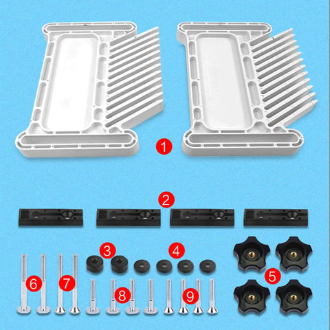 Boss Level Adjustable Featherboard Kit With Stackable Safety Guide and T Track Miter Slot Locking System For Table Saw And Router Tables Kickback Killer Keeps Workpieces Rock Solid In 3 By 4 And 3 By 8 Slots Two Pack, featuring two adjustable bases and assorted mounting hardware.