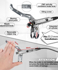 Four Piston Hydraulic Mountain Bike Disc Brake Set With Ceramic Pads Front 835mm And Rear 1550mm Lines Pre Bled Badass Stopping Power for Mountain Bikes And E Bikes with hand demonstrating lever adjustment