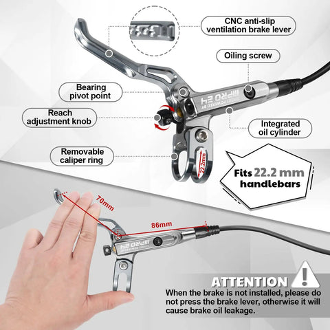 Four Piston Hydraulic Mountain Bike Disc Brake Set With Ceramic Pads Front 835mm And Rear 1550mm Lines Pre Bled Badass Stopping Power for Mountain Bikes And E Bikes with hand demonstrating lever adjustment