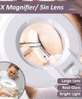Super Bright 2,200 Lumens LED Magnifying Glass With Light And Stand, showing close-up of use for eyelash extensions with loupe magnifier.